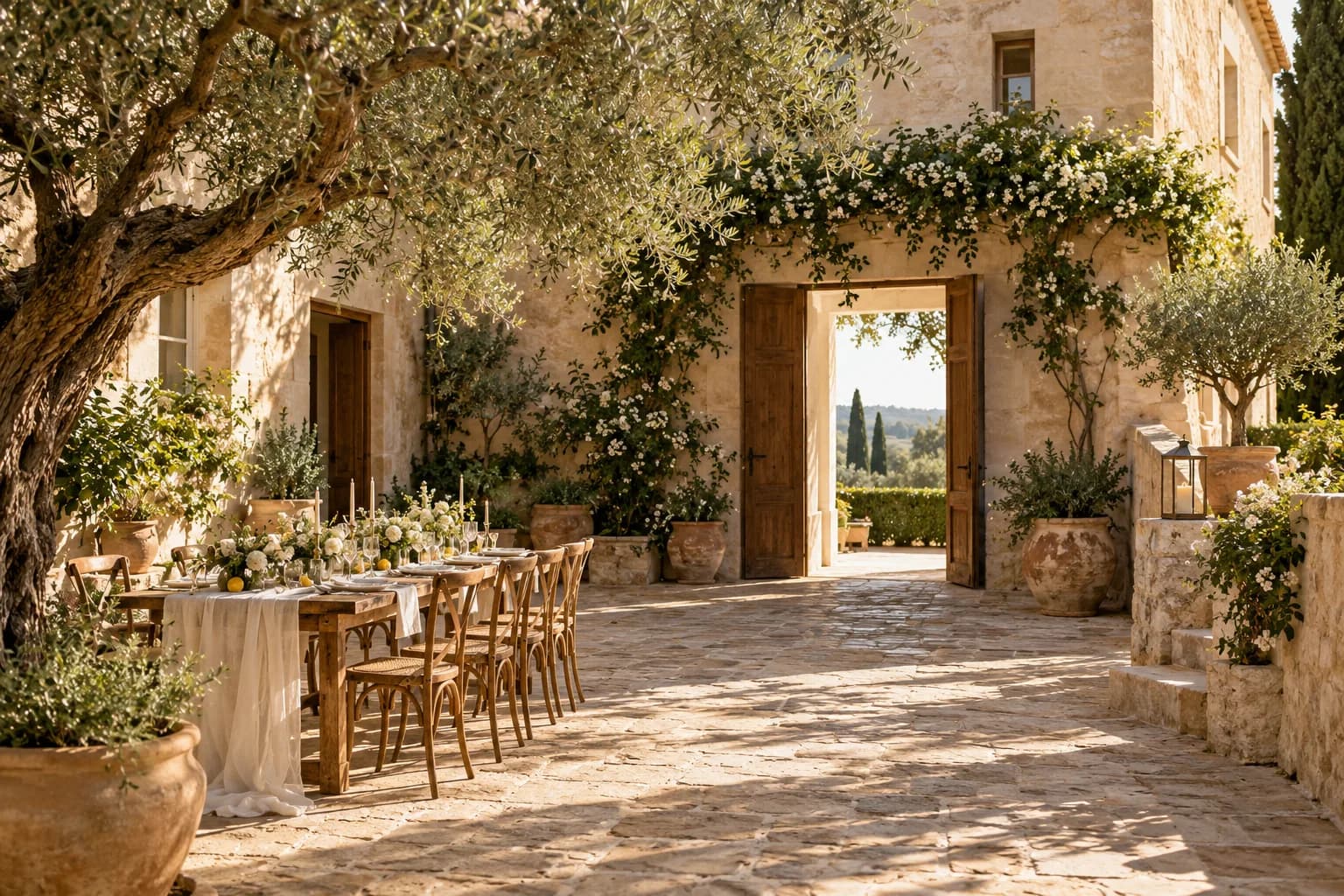 El patio de Villa Aurora entre olivos, jazmín y piedra clara.