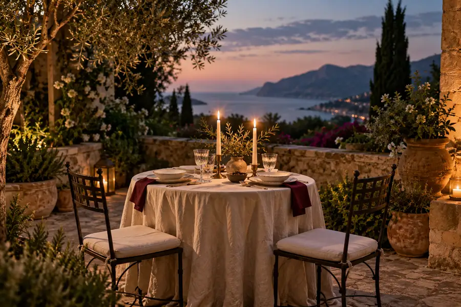 Una mesa para dos a la luz de las velas junto al mar.