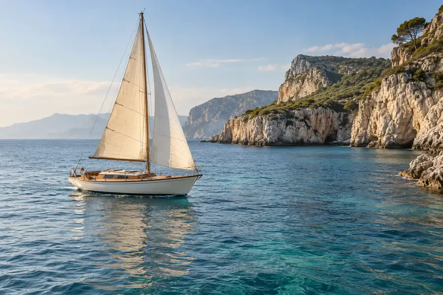 Un velero en aguas tranquilas junto a una cala de piedra clara.