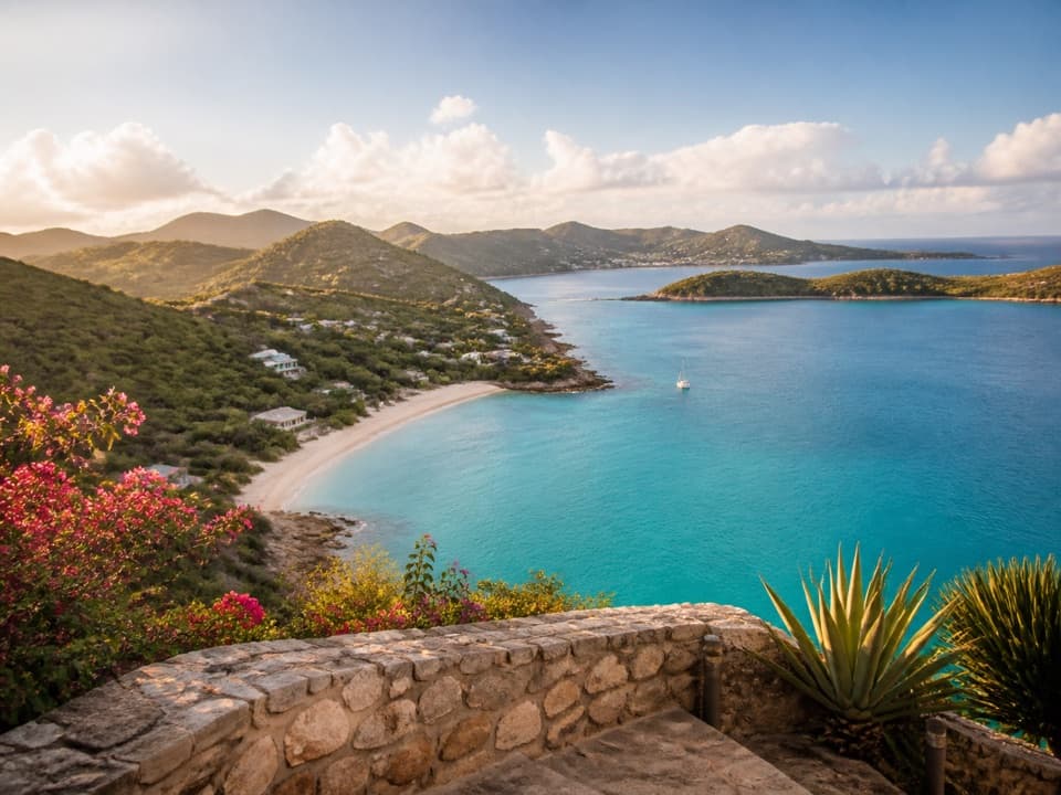 Vista elevada de una bahía caribeña con agua turquesa, colinas verdes y luz cálida de la tarde.