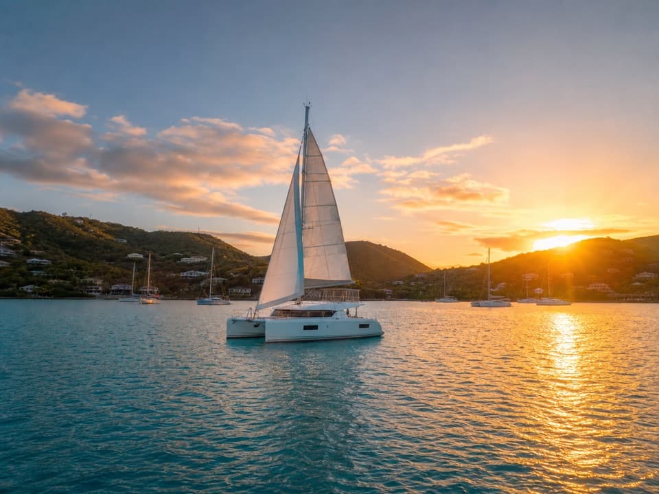 Catamarán de vela navegando al atardecer frente a las colinas verdes y la bahía de St. Thomas.